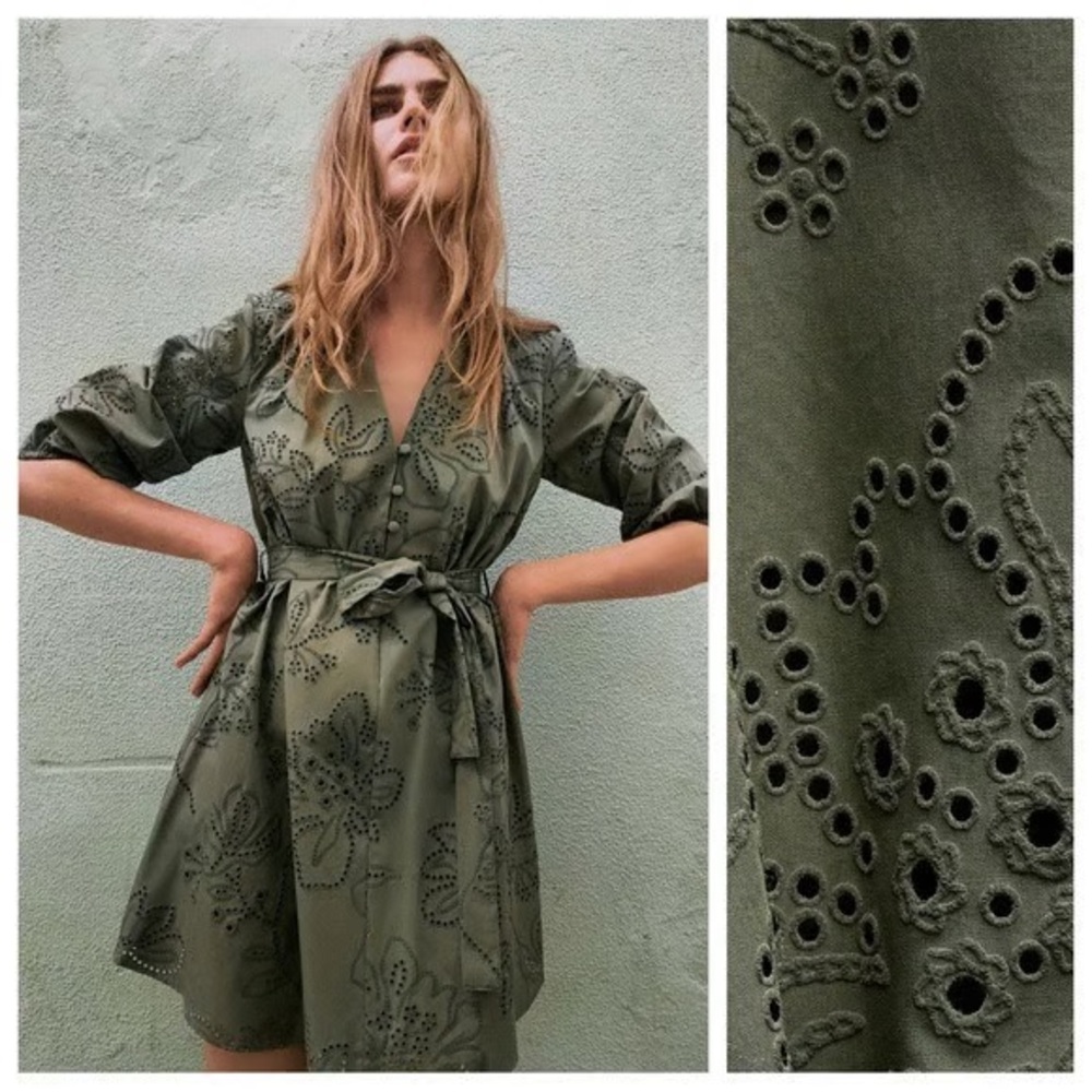 Zara khaki rubberized embroidery mini dress with a v-neck and belt NWOT
